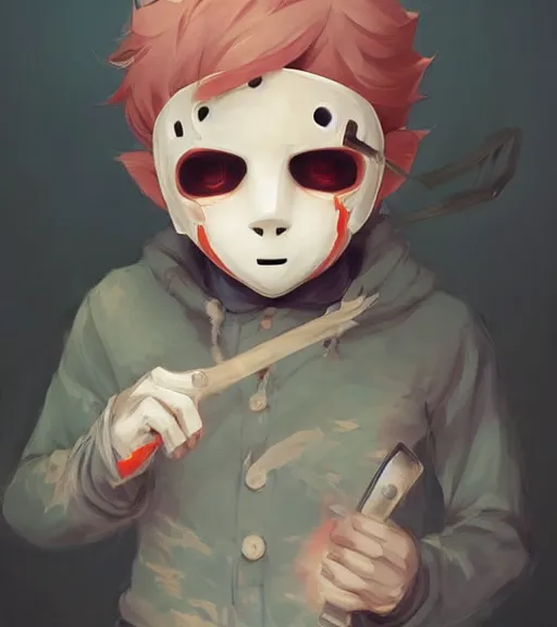 Image similar to beautiful little boy anime character inspired by jason voorhees, art by rossdraws, wlop, ilya kuvshinov, artgem lau, sakimichan and makoto shinkai, concept art, anatomically correct, extremely coherent, realistic, mask, smooth hd, 8 0 s haircut