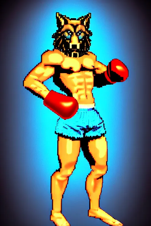 Image similar to full body shot antropomorphic muscular masculine furr wolf. kickboxer, in shorts. wolf head. furr on body. 8 bit nes graphics. vaporwave futuristic 8 0's