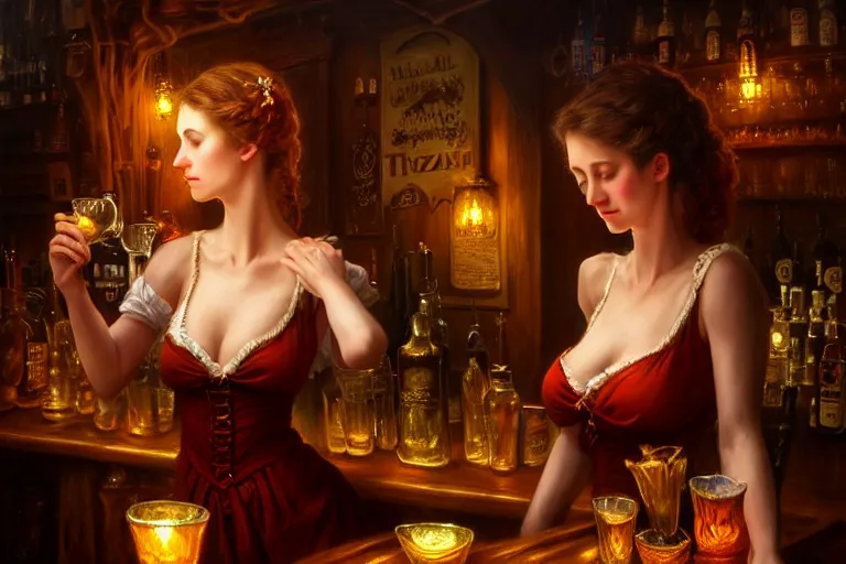 Prompt: a beautiful barmaid, dimly lit cozy crowded tavern, relaxed pose, fantasy, intricate, elegant, dramatic lighting, emotionally evoking symbolic metaphor, highly detailed, lifelike, photorealistic, digital painting, artstation, concept art, smooth, sharp focus, illustration, art by John Collier and Albert Aublet and Krenz Cushart and Artem Demura and Alphonse Mucha, masterpiece