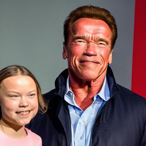 Image similar to Arnold Schwarzenegger and Greta Thunberg are happy together, realistic cartoon