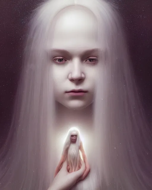 Image similar to dreamy, subsurface scattering, white, young beautiful goddess in cosmos with very long white hair floating in air, octane render, dino valls, mark ryden, joe fenton, michal karcz, highly detailed, rim light, art, cinematic lighting, very coherent, hyper realism, 8 k