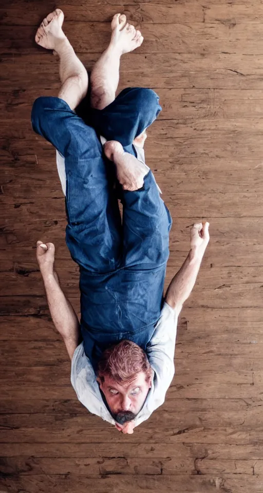 Image similar to a man hanging by his feet upside down peacefully,