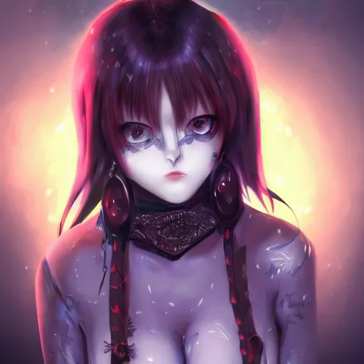 Image similar to goth anime girl in mini skirt and crop top intricate, extremely detailed, digital painting, artstation, concept art, smooth, sharp focus, illustration, intimidating lighting, incredible art, hightly detailed face and body