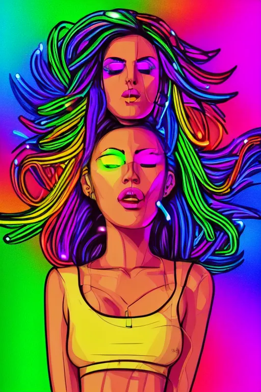 Image similar to a award winning half body portrait of a beautiful woman with stunning eyes in a croptop and cargo pants with rainbow colored hair blowing in the wind, outlined by whirling illuminated neon lines, outrun, vaporware, shaded flat illustration, digital art, trending on artstation, highly detailed, fine detail, intricate