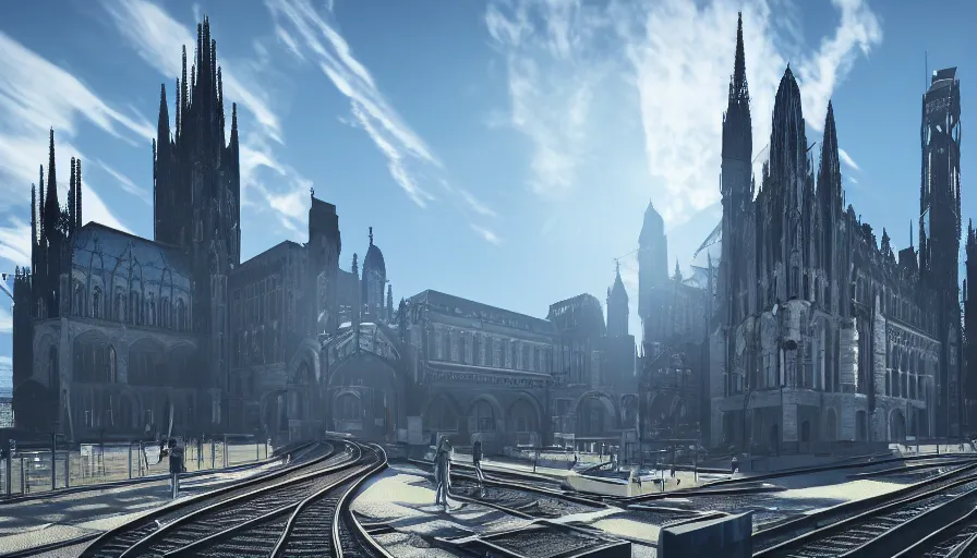 Prompt: neo - gothic berlin with blue doma train station, sunny day, volumetric light, hyperdetailed, artstation, cgsociety, 8 k