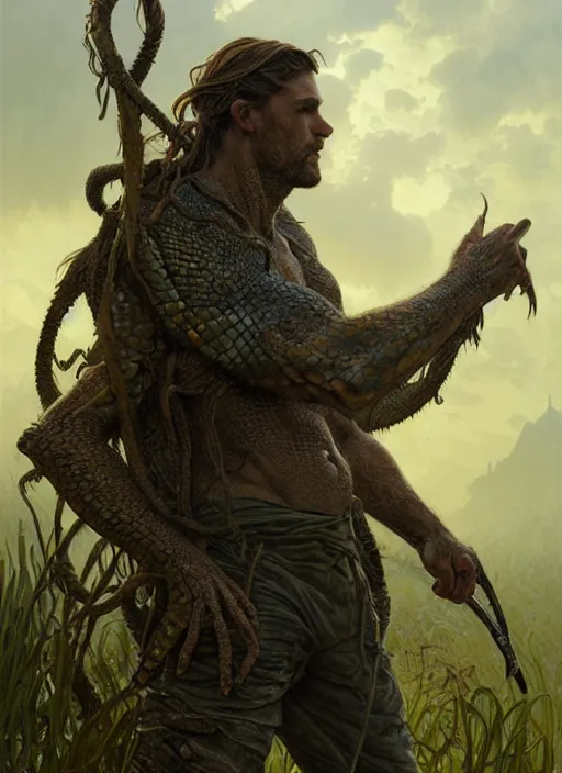 Prompt: Handsome rugged half-lizard adventurer, reptile skin, swamp landscape, fantasy magic, braids , dark light night, sharp focus, illustration, highly detailed, digital painting, concept art, matte, art by WLOP and Artgerm and Greg Rutkowski and Alphonse Mucha