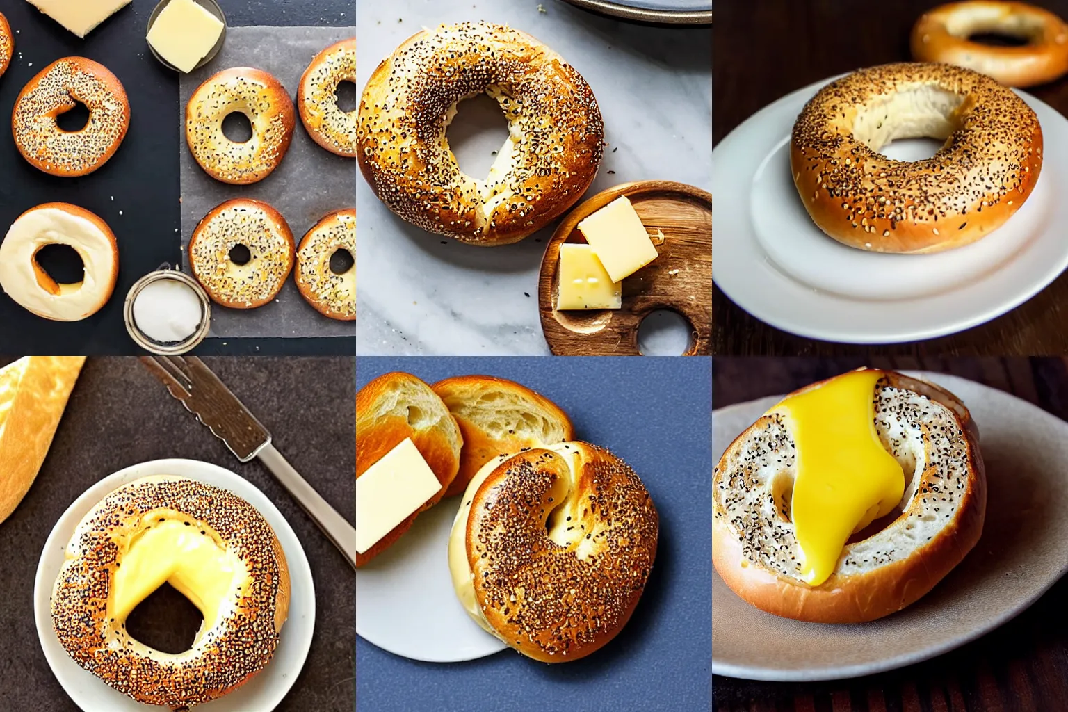 Prompt: the perfect toasted everything bagel with butter on a plate with a slice of cheese