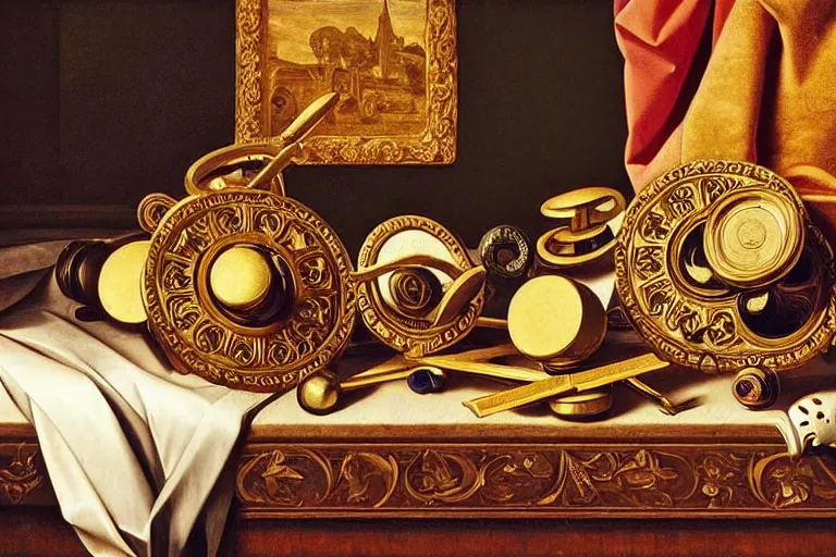 Prompt: inspiring renaissance still life of fidget spinners on an antique dresser, intricate, ornate, highly detailed fidget spinners, natural light, golden hour, oil painting by caravaggio