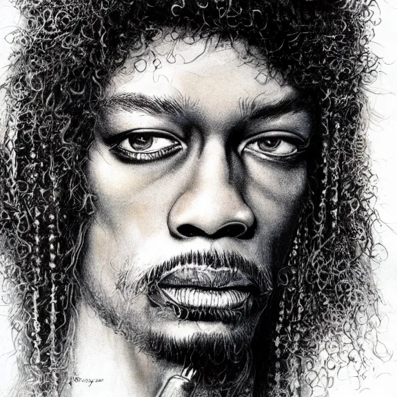 Prompt: a highly detailed portrait of jim ’ s hendrix in the style of luis royo.