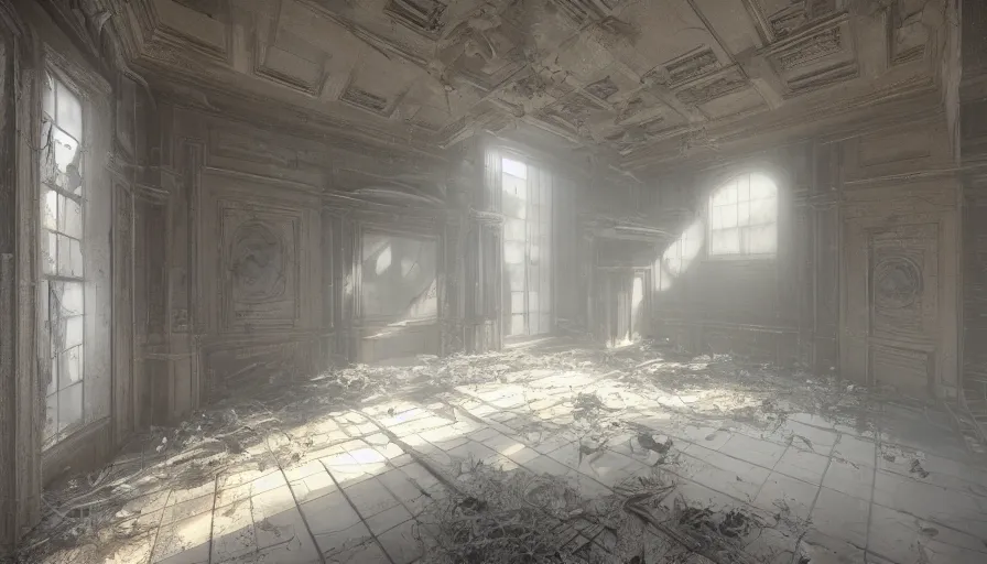 Image similar to abandoned capitol with cobwebs, dusty dirty floor, collapsed ceiling, flying dust particles, light through, hyperdetailed, artstation, cgsociety, 8 k