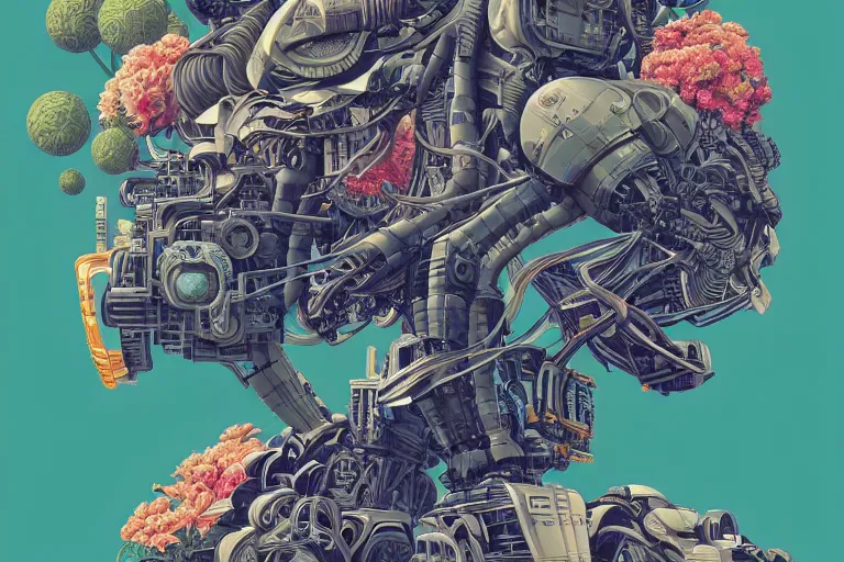 Image similar to gigantic mecha head with lot of details, a lot of exotic vegetation, trees, flowers by moebius, dull colors, junji ito, tristan eaton, victo ngai, artgerm, rhads, ross draws, hyperrealism, intricate detailed, risograph