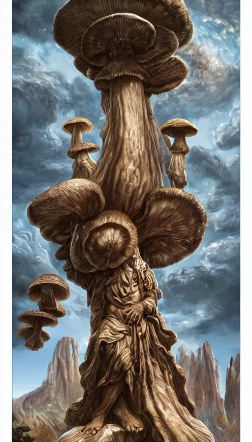 Image similar to a masterpiece hyperdetailed dnd tarot card, magnificent mushroom deity as depicted in a colossal greek marble statue ( with godlike bodybuilder physique ), hd tarot card depicting monumental statue of a mushroom god with cute large mushroom hat, hdr, 8 k, artstationhq, digital art by greg rutkowski and wayne barlowe