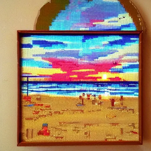 Prompt: Beach, sunset, pixelart, art of Lauretta Jones