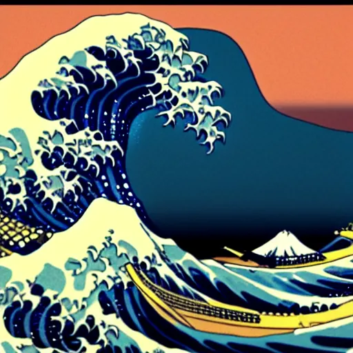 Image similar to The Great Wave off Kanagawa by Katsushika Hokusai picture, hyper realistic, 8k, colorful