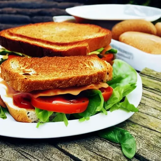 Image similar to sandwich with fried tofu, also tomato, onion, avocado and cheddar, over a dish and over a table, sunset background with saturn and stars in the sky, amazing light
