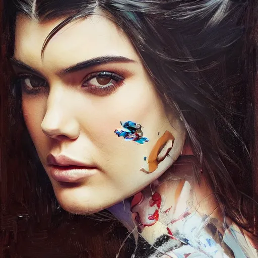 Image similar to fashion model kendall jenner by Sandra Chevrier by Richard Schmid by Jeremy Lipking by moebius by atey ghailan