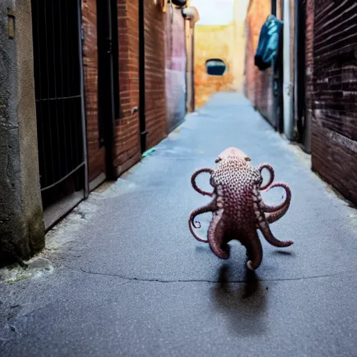 Prompt: fully clothed octopus dog walking down an alley