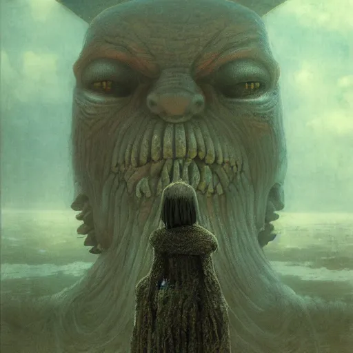 Image similar to ( ( ( ( ( by beksinski ) ) ) ) ), by zawadzki, by waterhouse, picture portrait of a modern yokai, oni, haunting, photorealism, octane render, highly detailed, 8 k,