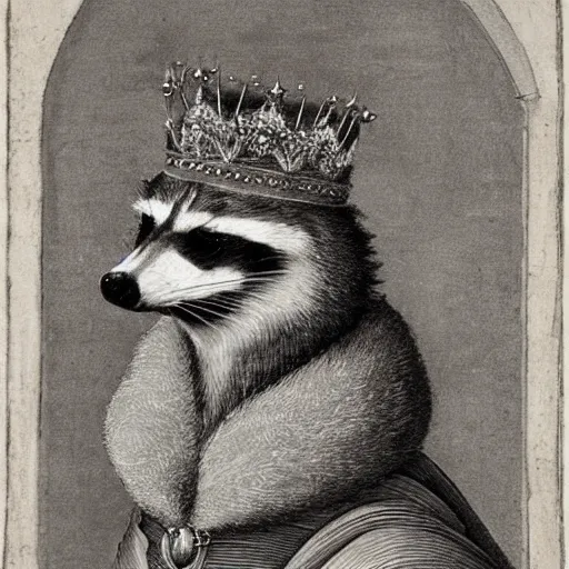 Prompt: a renaissance style portrait of a raccoon wearing a crown and a cape, dark background