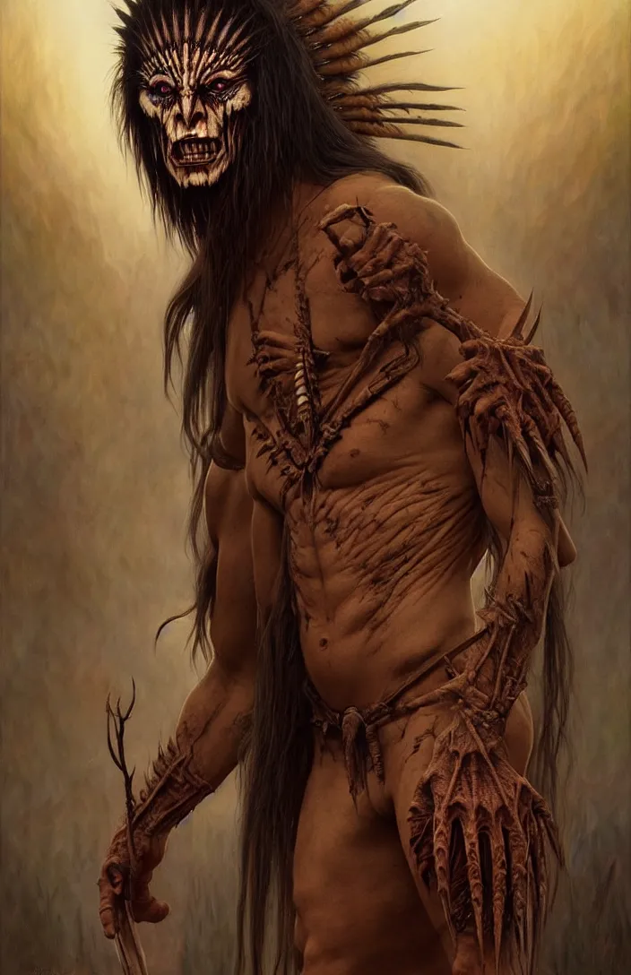 Image similar to evil native american skinwalker transformation, horror demon, heroic lighting, dark fantasy, intricate, elegant, highly detailed, lifelike, photorealistic, digital painting, artstation, illustration, concept art, smooth, sharp focus, art by John Collier and Albert Aublet and Krenz Cushart and Artem Demura and Alphonse Mucha