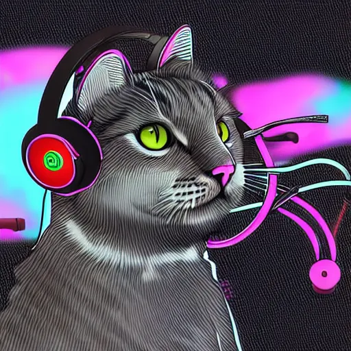 Prompt: digital drawing of a white cat with cat gaming headphones, cyberpunk color palette, low contrast