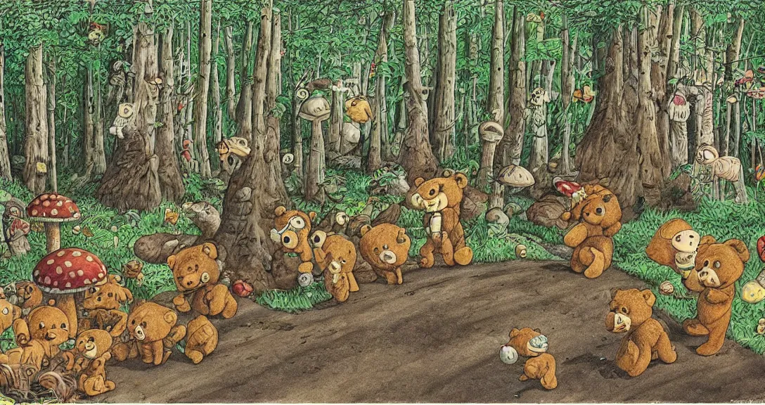 Prompt: teddy bear traveling on a forest road, being watched by lots of different kind on animals, in the forest small and big buildings, giant mushrooms, weird creatures, highly detailed, wide view, childrens book illustration, by sven nordqvist