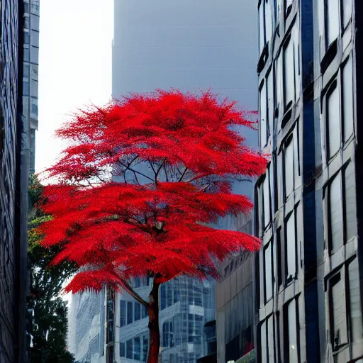 Image similar to a single red japanese maple in a dystopian city