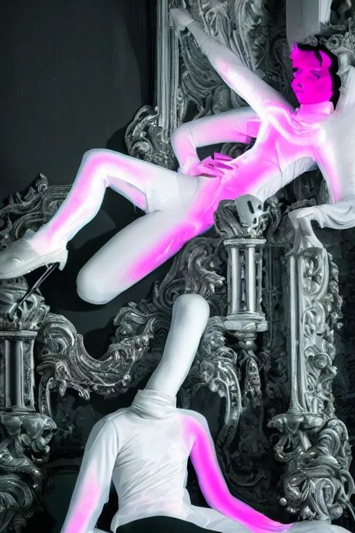 Image similar to full-body rococo and cyberpunk style neon statue of a young attractive Marco macho dotado e rico android sim roupa reclining con las piernas abertas e la piroca dura, glowing white lasers, glowing eyes, silver prince crown, black gears, pink diamonds, swirling mint-colored silk fabric. futuristic elements. ethereal white dripping tar. full-length view. human skulls. large pink balloon animals. intricate artwork by caravaggio. Trending on artstation, octane render, cinematic lighting from the right, hyper realism, octane render, 8k, depth of field, 3D