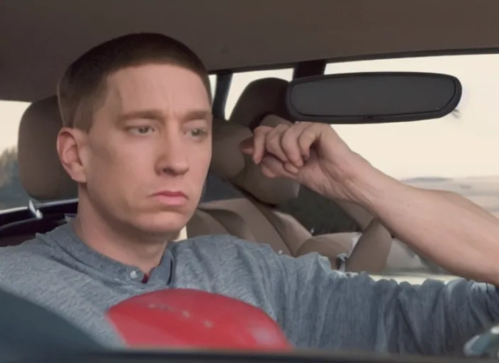 Image similar to a very high resolution image from a new movie, eminem driving a car. mountains, directed by wes anderson