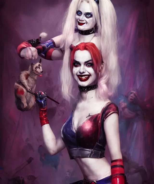 Prompt: harley quinn at the circus by charlie bowater and titian and artgerm, full - body portrait, intricate, face, carnival, elegant, mauve mist, beautiful, highly detailed, dramatic lighting, sharp focus, trending on artstation, artstationhd, artstationhq, unreal engine, 4 k, 8 k