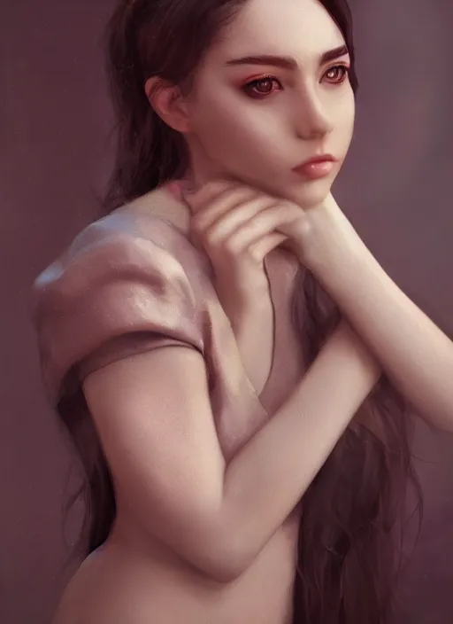 Image similar to a realistic photo portrait of beautiful 👧 with soft 👀 fashion modeling pose, full body, like a professional model, face by WLOP, body by Alex Flores, face symmetry, style of Dan Luvisi, and Charlie Bowater, artstation, rendered, cinematic color grading, muted colors, soft light, rule of thirds, cinematic