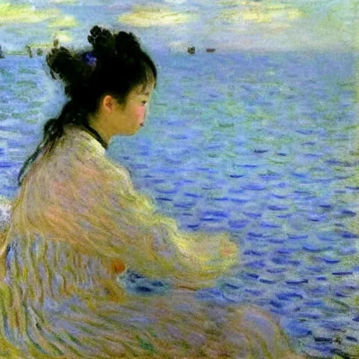 Prompt: bingbing fan at the sea by Oscar-Claude Monet