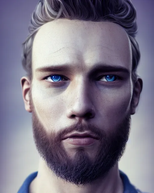 Image similar to portrait of a man in his mid - twenties with dull blue eyes, curly blond hair, short goatee, ultra realistic, epic, highly detailed, hd, sharp focus, cinematic lighting, realistic, dreamy, vivid colors, dreary, morose, matt painting, digital art, non blurry, sharp, artstation, concept art, smooth, illustration