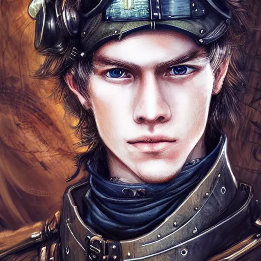 Image similar to portrait of a man by ayami kojima, norwegian, he is about 2 0 years old, blond short hair, tall and strong, older brother vibes, he is wearing a steampunk tactical gear, highly detailed portrait, digital painting, artstation, concept art, smooth, sharp foccus ilustration, artstation hq