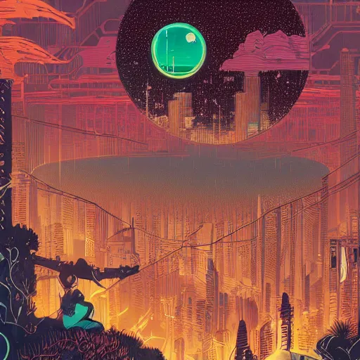 Image similar to Stunningly intricate illustration of single cyberpunk explorer overlooking lush forest, highly detailed, midnight, small glowing orbs by Victo Ngai and James Gilleard , Moebius, Laurie Greasley