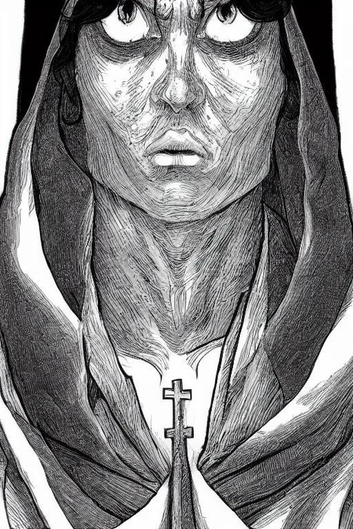 Prompt: portrait of Daniel Trejo in costume of church nun, intricate, highly detailed, artstation, manga illustration by Kentaro Miura