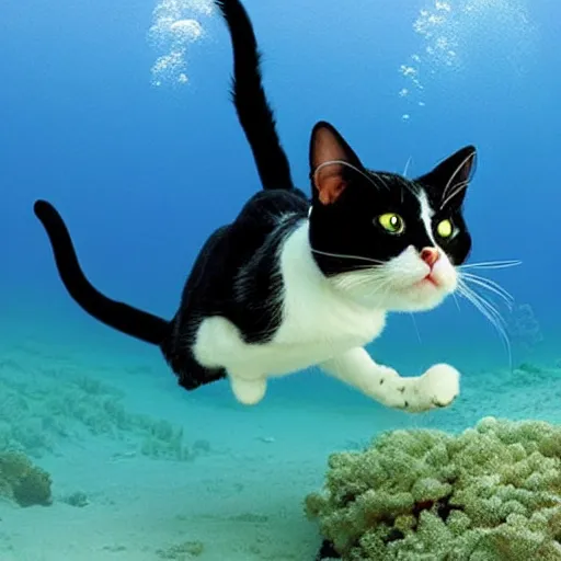 Prompt: Dreamt in `4.87s` for `!dream a cat scuba diving in a huge lake, National Geographic, beautiful masterpiece