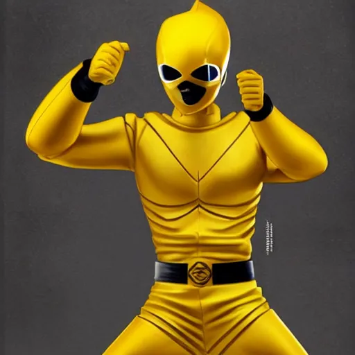 Prompt: symmetry!! yellow ranger, samurai, artstation, art by murata, art by oda echiiro, art by tatsuki fujimoto, lightning helmet, 3 d, jumpsuit, gloves, futuristic poster, man, tall