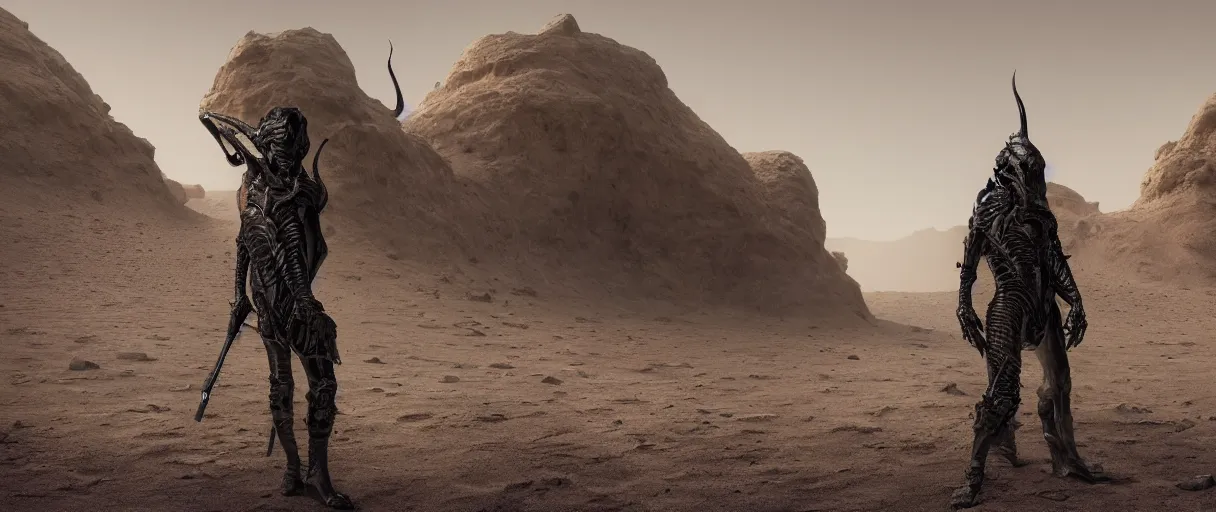 Image similar to muad'dib in a advanced still suit designed by northrop grumman hr giger tom ford moebius and yasushi nirasawa, wide angle, photorealistic, hdr, 8 k, octane render, the moons in background, desert land, mist, a horde of fremen in military gear and weaponry, 4 k, vray, volumetric lighting