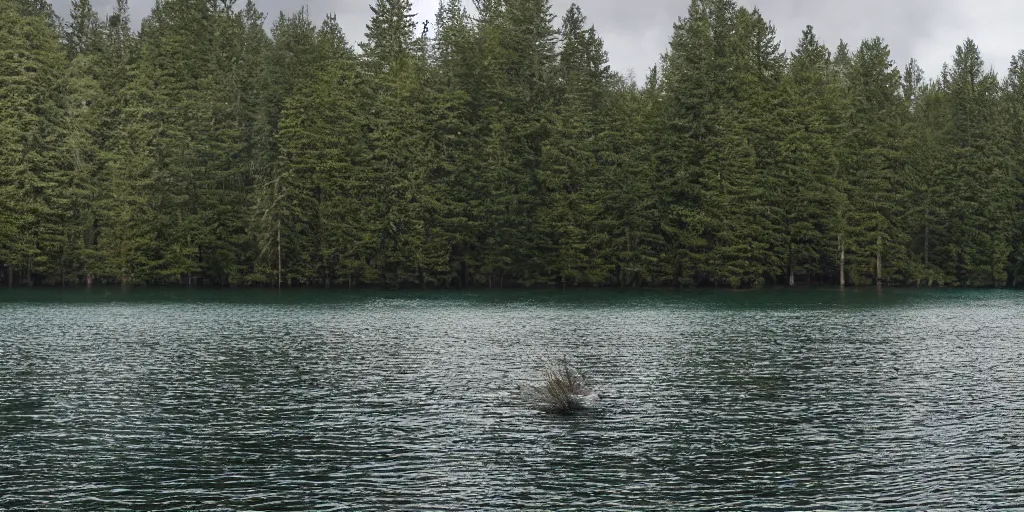 Prompt: symmetrical photograph of a very long rope on the surface of the water, the rope is snaking from the foreground stretching out towards the center of the lake, a dark lake on a cloudy day, trees in the background, anamorphic lens