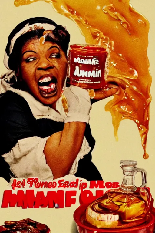 Image similar to aunt jemima covered in maple syrup horror movie cinematic