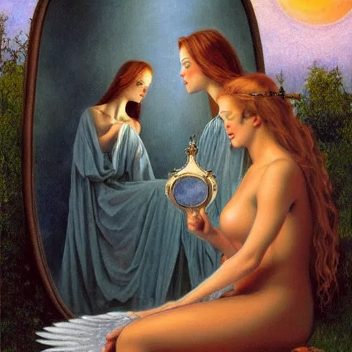 Prompt: Two angels looking at the mirror beautiful artwork by Gerald Brom