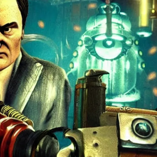 Image similar to quentin tarantino in the video game bioshock