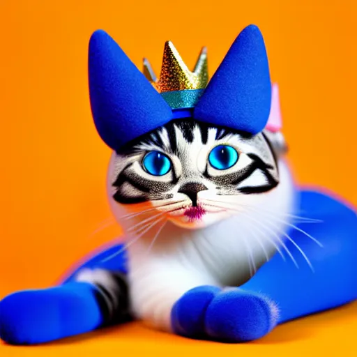 Image similar to toy cat wearing a blue crown , HD , 4k