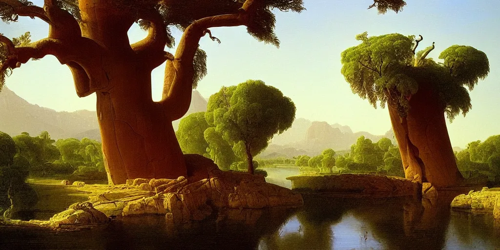 Prompt: landscape painting of a old baobab tree next to a meandering river by alexei savrasov and thomas cole, artstation