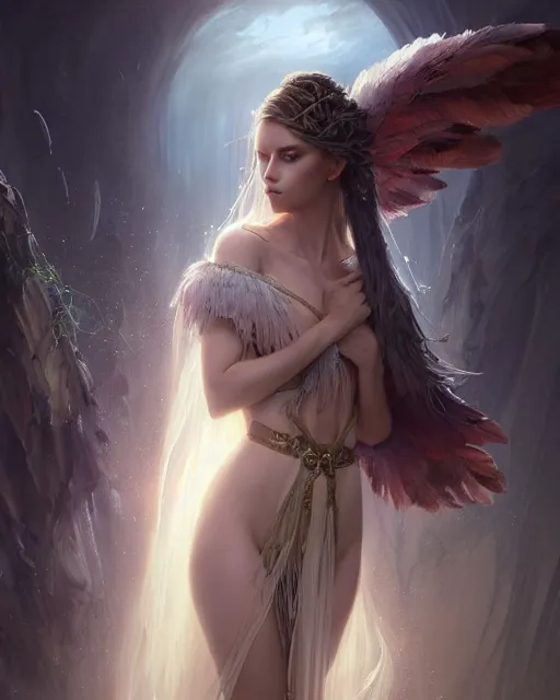 Image similar to a ( ( girl as personification of intellect ) ), beauty, fantasy, she is wearing robe of feathers, digital painting by krenz cush art, greg rutkowski, artgerm, laurie greasly, wlop, intricate, highly detailed!!, sharp focus, smooth, epic composition, unreal engine, masterpiece, 8 k, interesting background