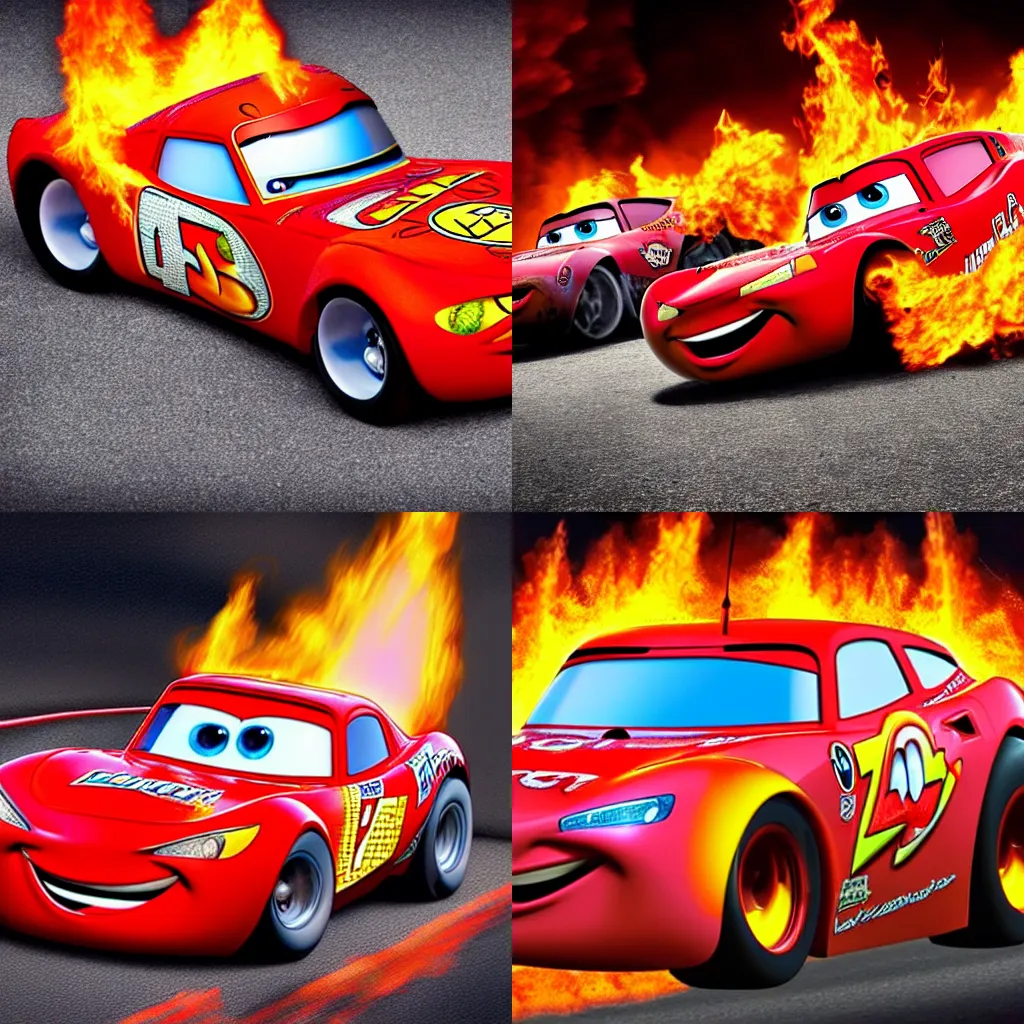 Prompt: lightning McQueen on fire, destroyed