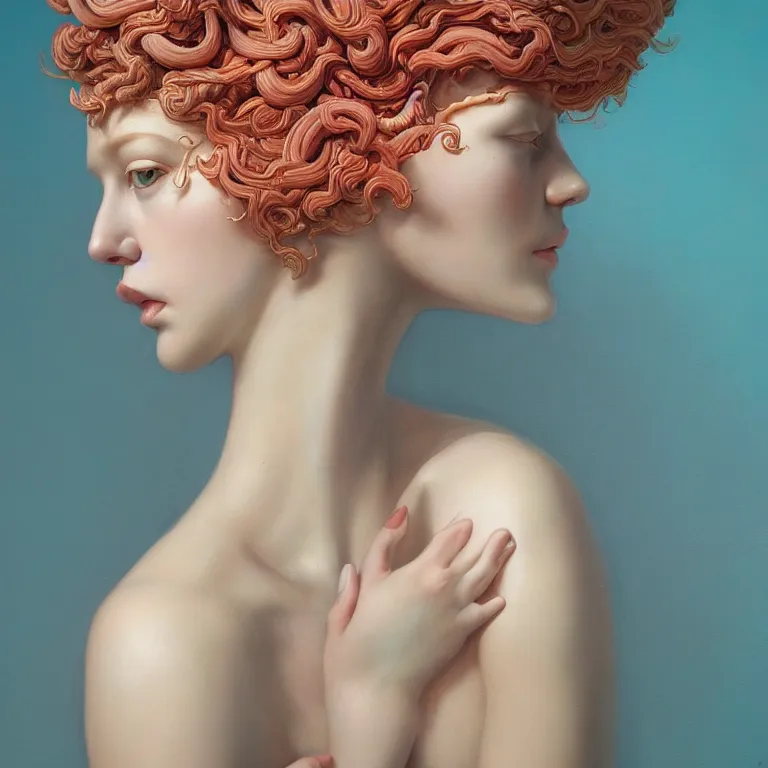 Image similar to portrait of woman with coral!! reef hair. soft light painted by james jean and moebius and erik jones, inspired by mary jane ansell, smooth face feature, intricate oil painting, high detail 3 d render, sharp high detail