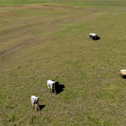 Prompt: a uav with it own shaddow is watching a large group of cattle