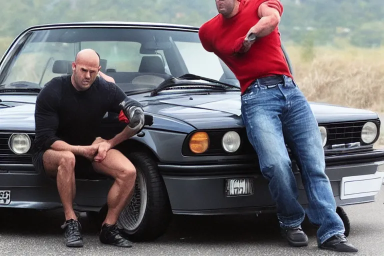 Prompt: Angry Jason Statham lifts BMW e30 in his arms,